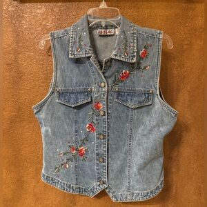 Vintage Bill Blass Jeans Denim Vest Top Embroidered Roses Size Medium